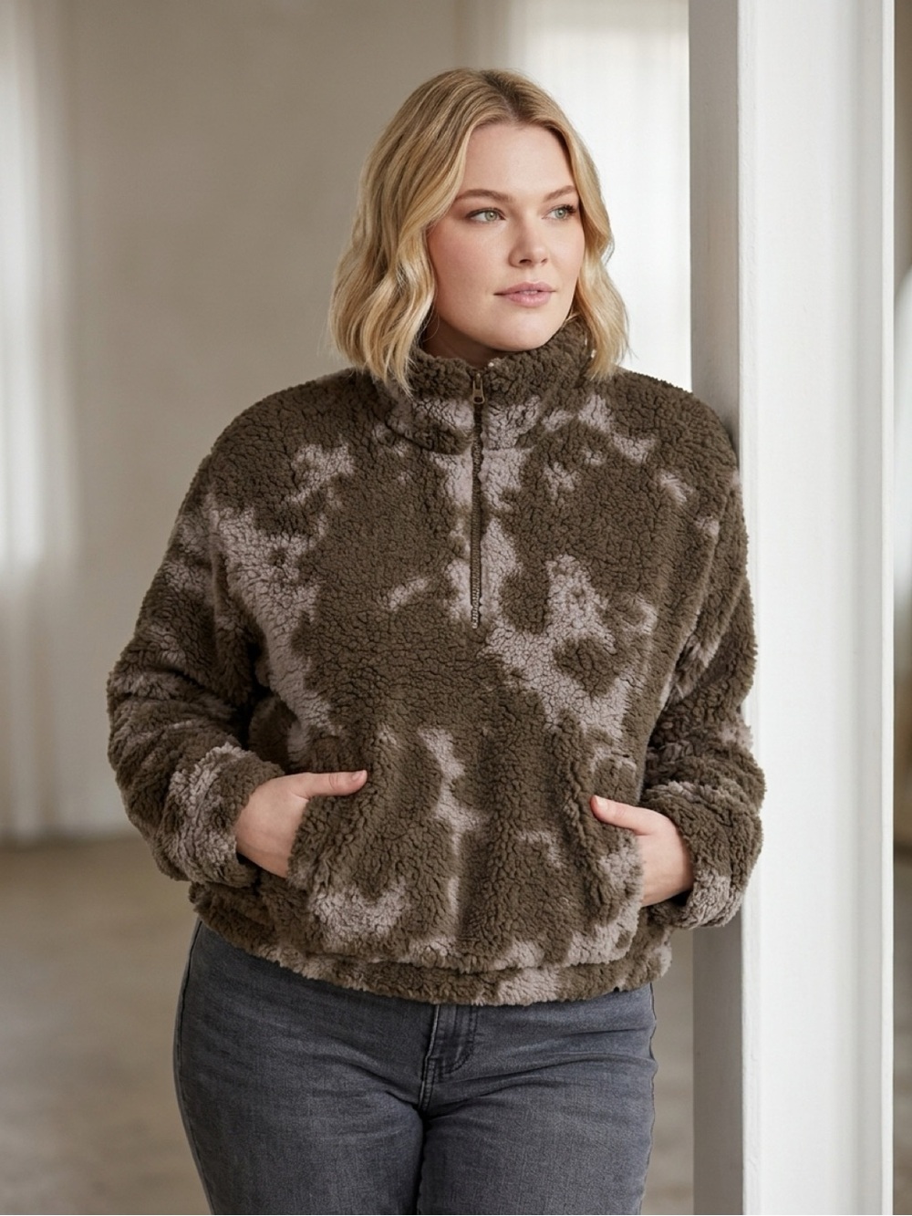 Sage Plush Half-Zip Teddy Jacket in Olive and Taupe
